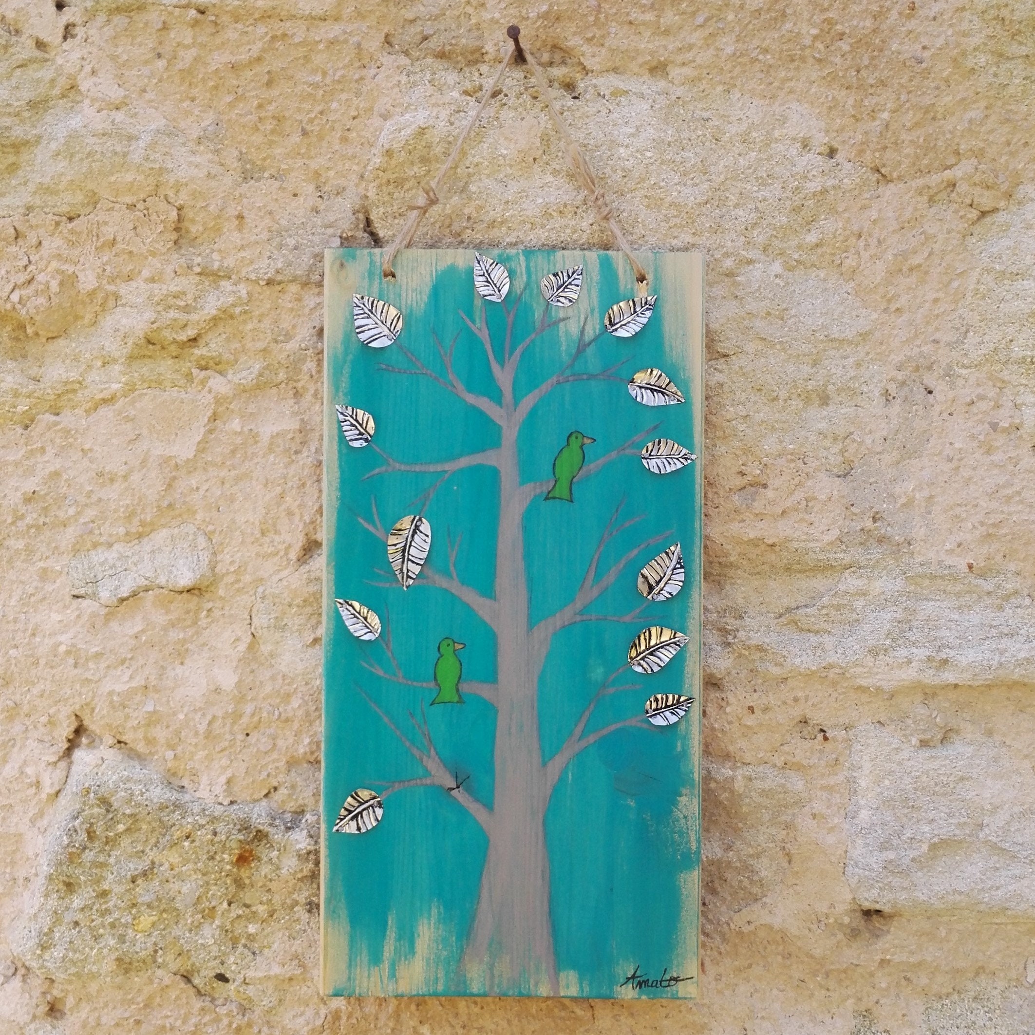 Tableau Arbre et Oiseaux Orné de Feuilles en Métal Recyclé