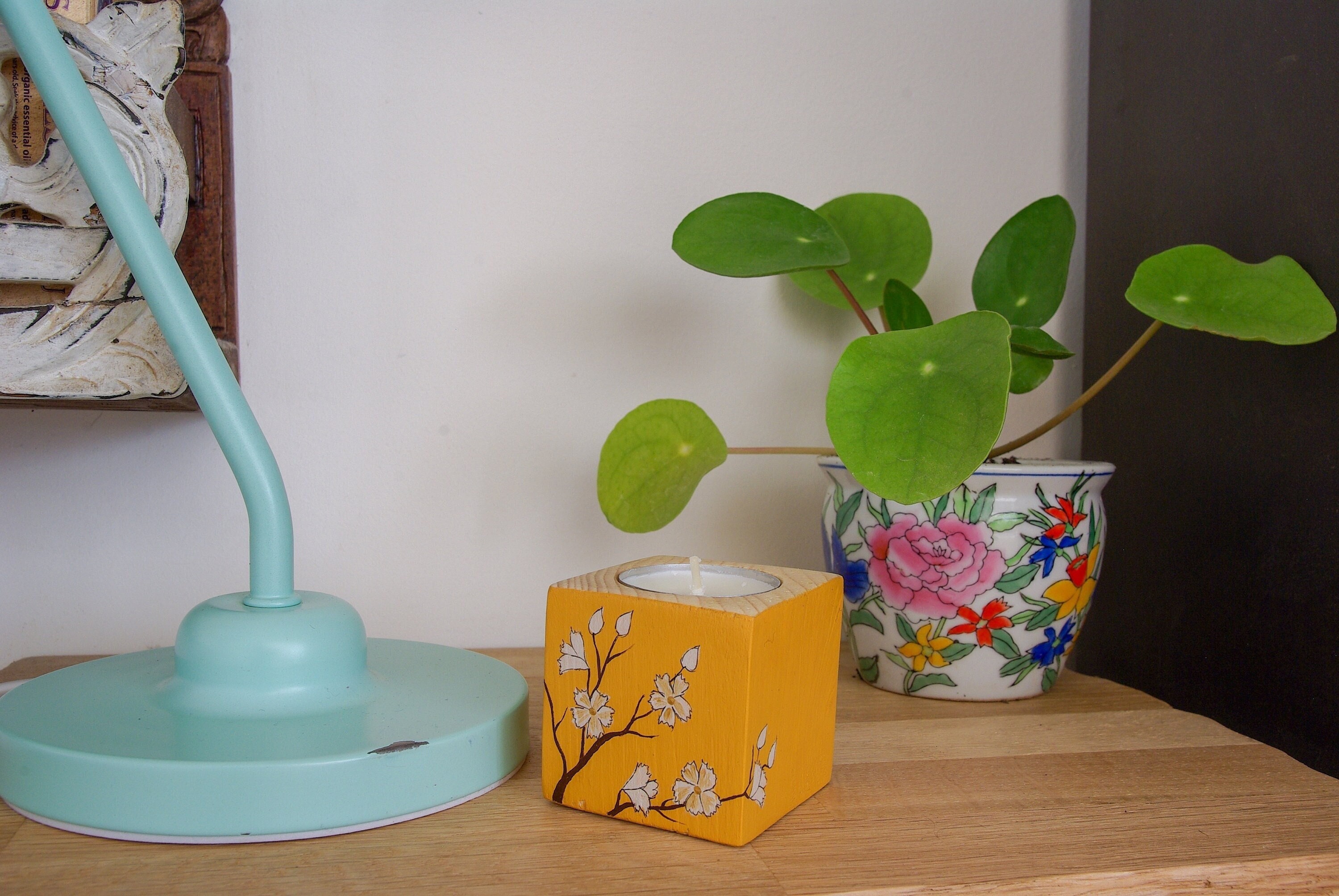 Bougeoir en Bois Peinture Florale