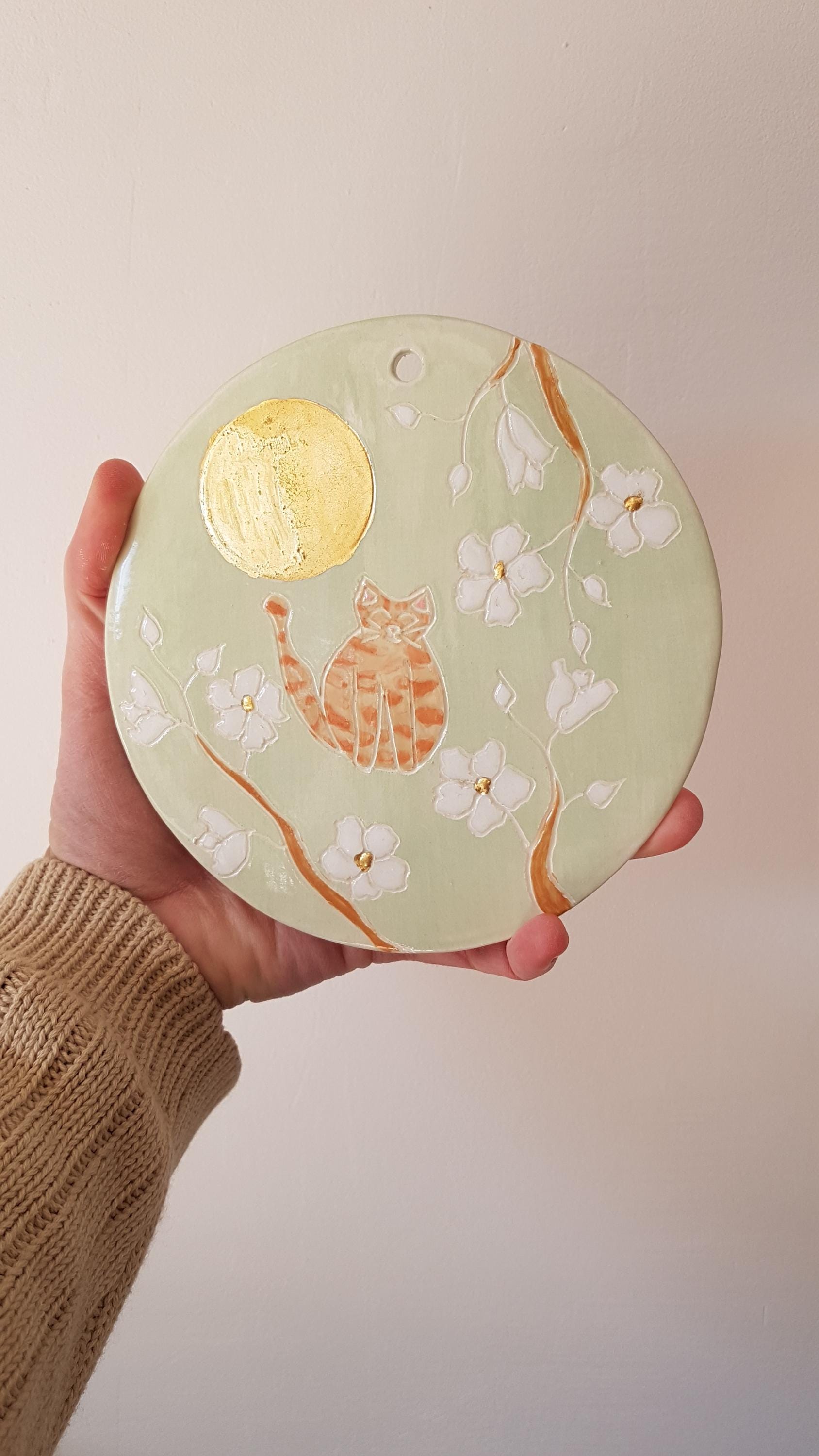Plat Jardinière En Céramique Biscuit – Prêt à Peindre – Motif Lune Et Soleil – Émaillé Intérieur