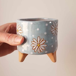 Puede incluir: Una maceta de cerámica azul claro con lunares blancos y flores de margarita blancas con centros amarillos. La maceta tiene tres patas cortas y redondeadas.