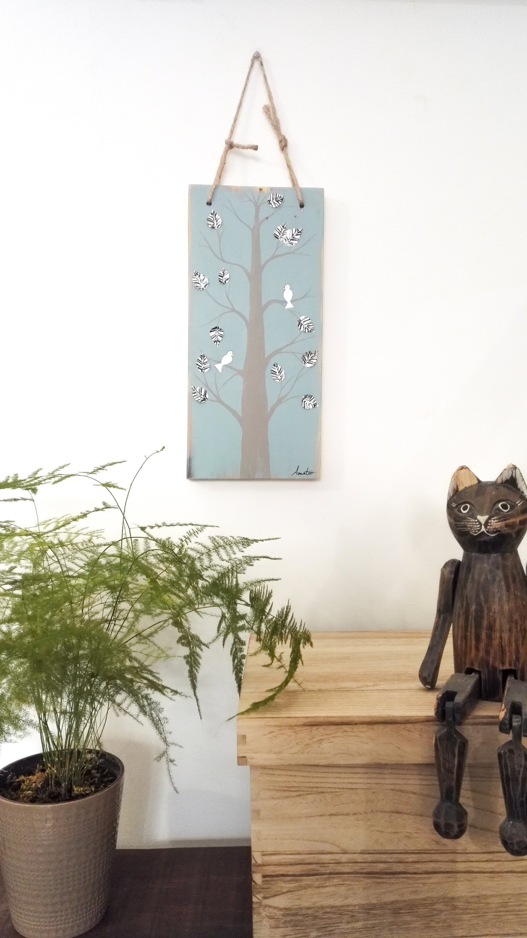 Tableau Peinture sur Bois Arbre et Oiseaux Orné de Feuilles en Métal 100% Récup'