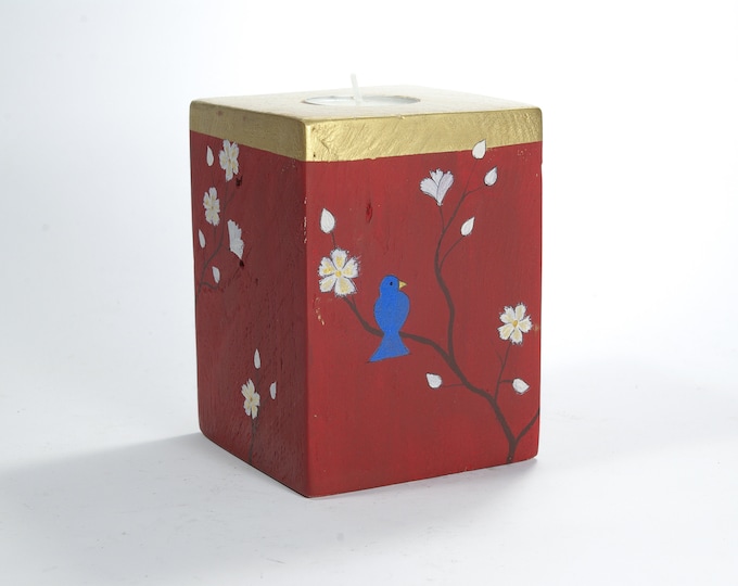 Wooden candlestick painting bird and flowers
