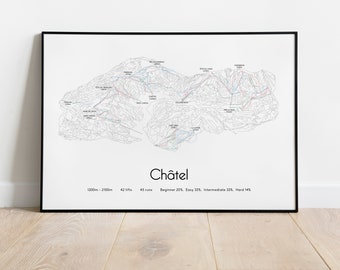 May include: A black and white ski map of Châtel, France. The map shows the ski runs, lifts, and other features of the resort. The map also includes information about the difficulty of the runs, with 20% beginner, 33% easy, 33% intermediate, and 14% hard. The map is printed on white paper and framed in a black frame.