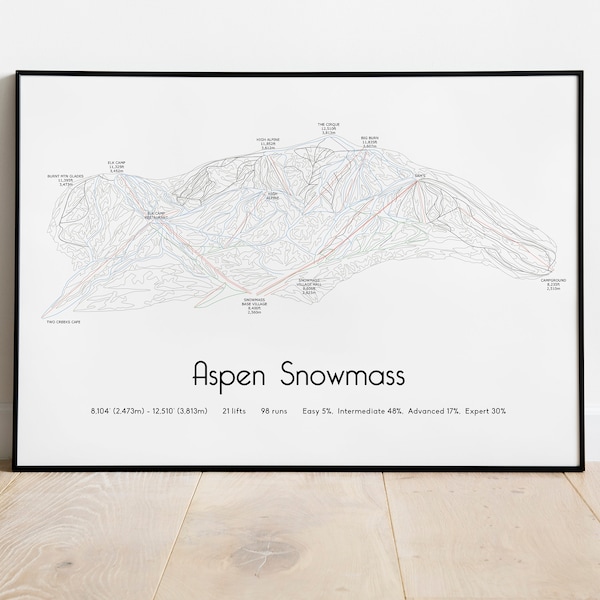 Aspen Snowmass Ski Trail Piste Map Poster/Print