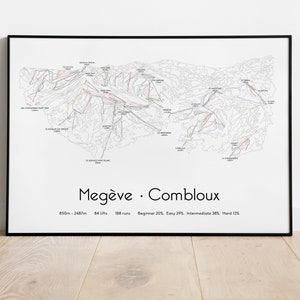 Cartel/impresión del mapa de pistas de esquí de Megève Combloux