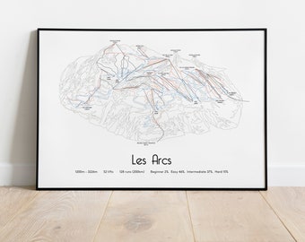 Peut inclure: Une carte de ski en noir et blanc de Les Arcs, France. La carte montre les différentes pistes de ski, les remontées mécaniques et autres caractéristiques de la station. La carte comprend également des informations sur la longueur des pistes, le nombre de remontées mécaniques et le niveau de difficulté des pistes. Le texte en bas de la carte indique : "1200m - 3226m, 52 remontées mécaniques, 118 pistes (1200km), Débutant 25, Facile 46%, Intermédiaire 37%, Difficile 12%."