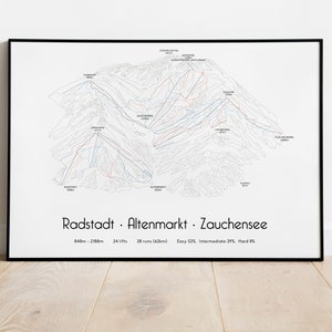 Póster/Impresión del mapa de pistas de esquí de Radstadt Altenmarkt Zauchensee