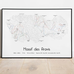 Massif des Aravis. La Clusaz. Le Grand-Bornand. Manigod. Saint-Jean-de-Sixt.  Poster/Imprimé carte des pistes de ski