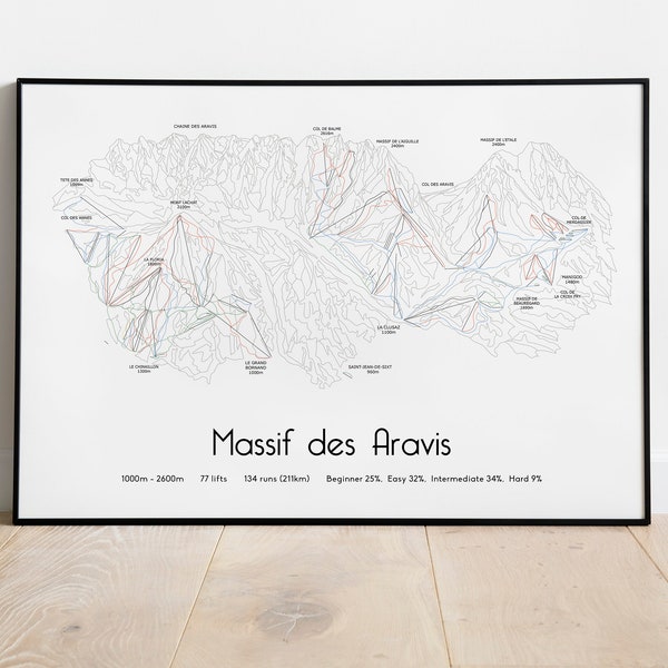 Massif des Aravis . La Clusaz. Le Grand Bornand. Manigod. Saint-Jean-de-Sixt. Affiche/impression de la carte des pistes de ski