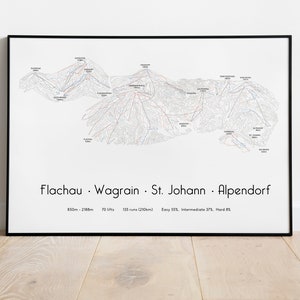 Cartel/impresión del mapa de pistas de esquí de Flachau Wagrain St Johann Alpendorf