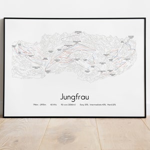 Jungfrau. Múrren. Grindelwald. Wengen. Cartel/impresión del mapa de pistas de esquí