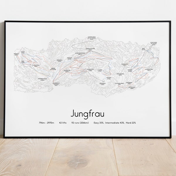 Jungfrau. Murren. Grindelwald. Wengen. Skipiste kaart poster/print