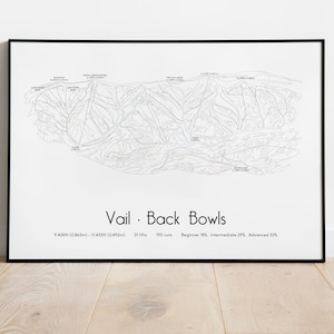 Póster/impresión del mapa de pistas de esquí de Vail Back Bowls