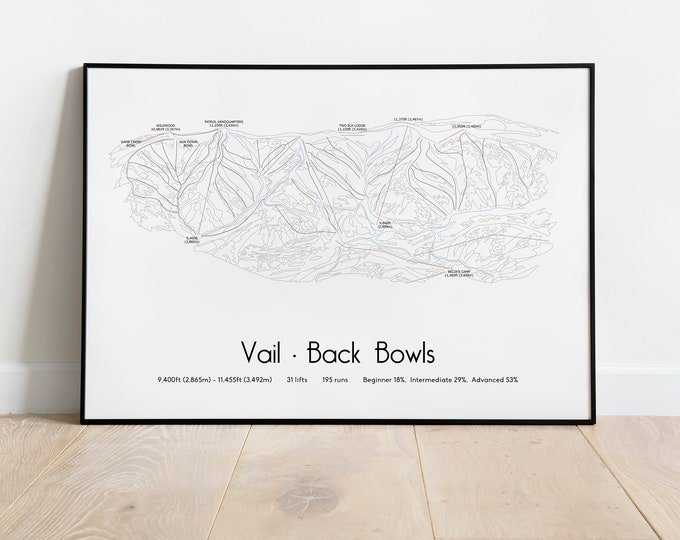 Vail Back Bowls Ski Trail Piste Map Poster/Print