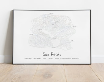 May include: A black and white line art print of a ski resort map for Sun Peaks. The map shows the different runs and lifts at the resort. The text below the map reads "Sun Peaks", "1980m (6,507) - 2,080m (6,824)", "13 lifts", "138 runs", "Beginner 10%, Intermediate 50%, Advanced 32%".