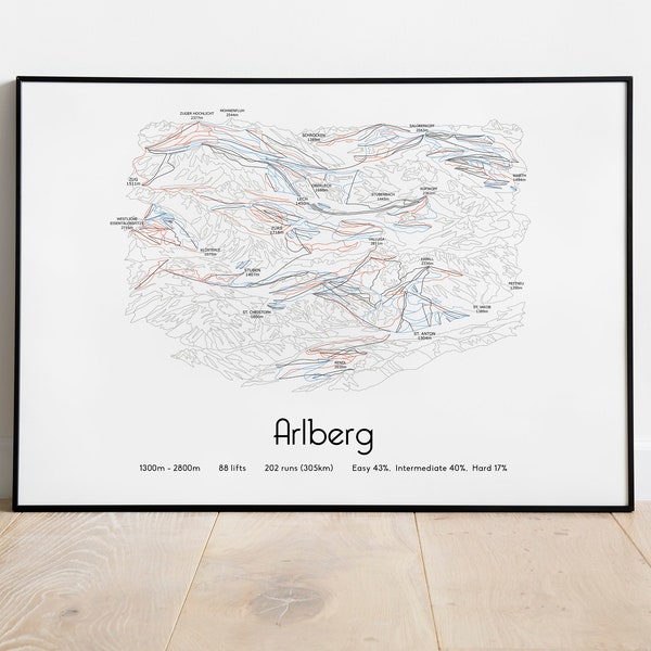 Arlberg - St.Anton, Lech, Zürs, Stuben, Zug, Schröcken - Ski Piste Map Poster/Print