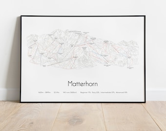 May include: A black and white line art map of the Matterhorn ski resort in Switzerland. The map shows the ski runs, lifts, and other features of the resort. The text at the bottom of the map reads "Matterhorn", "1620m - 3899m", "52 lifts", "145 runs (360km)", "Beginner 10%, Easy 22%, Intermediate 57%, Advanced 10%".