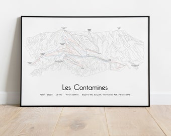 Les Contamines Montjoie Ski Piste Map Poster/Print