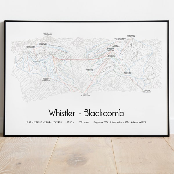 Whistler Blackcomb Ski Piste Map Poster/Print