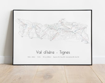 Val d'Isère Tignes Ski Piste Map Poster/Print