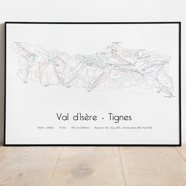 Val d'Isère Tignes Ski Piste Map Poster/Print