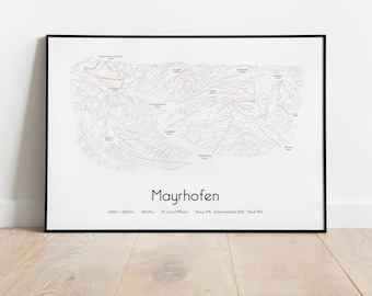 May include: A black and white ski map of the Mayrhofen ski resort in Austria. The map shows the different ski runs, lifts, and other features of the resort. The map also includes the following information: 630m - 2250m, 68 lifts, 75 runs (139km), Easy 37%, Intermediate 50%, Hard 13%.