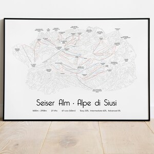 Seiser Alm. Alpes de Siusi. Cartel/impresión del mapa de pistas de esquí