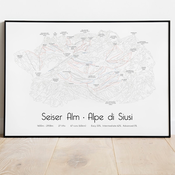 Seiser Alm . Alpe de Siusi. Affiche/impression de la carte des pistes de ski