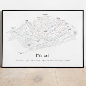 Meribel 3 valleien skipiste kaart poster/afdruk