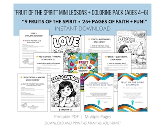 Fruit of the Spirit Bible Lesson Pack for Kids – Printable Coloring Pages + Mini Devotionals| Christian Preschool Homeschool Lessons PDF