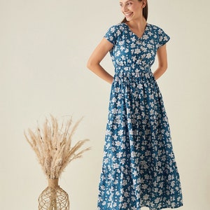 Long, tiered maxi dress in hand block floral print on cambric cotton/ Relaxed fit/ Casual wear/ Loungewear/ Floral dress with cap sleeves