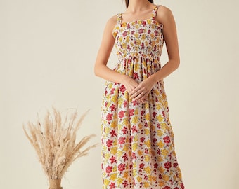 Sleeveless smocked midi cotton dress in hand block floral print/ Loose fit/ Casual wear/ Loungewear/ Summer dress