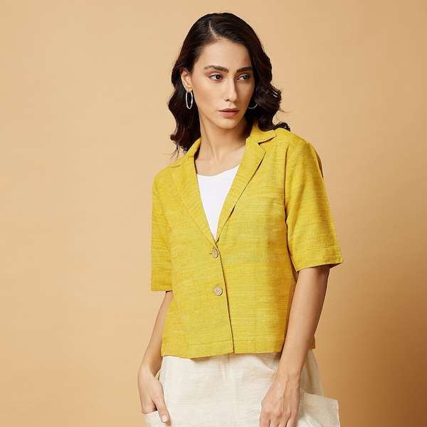 Cruelty-free silk & cotton handloom fabric/ Notch collar half-sleeves top with coconut button/ Relaxed fit/ Casual wear/ Collared tops