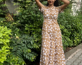 Brown Hand Block Printed Cotton Dress / Fitted Bodice Maxi Dress / Summer Cotton Ankle Length Dress / Floral Full-Length Sundress