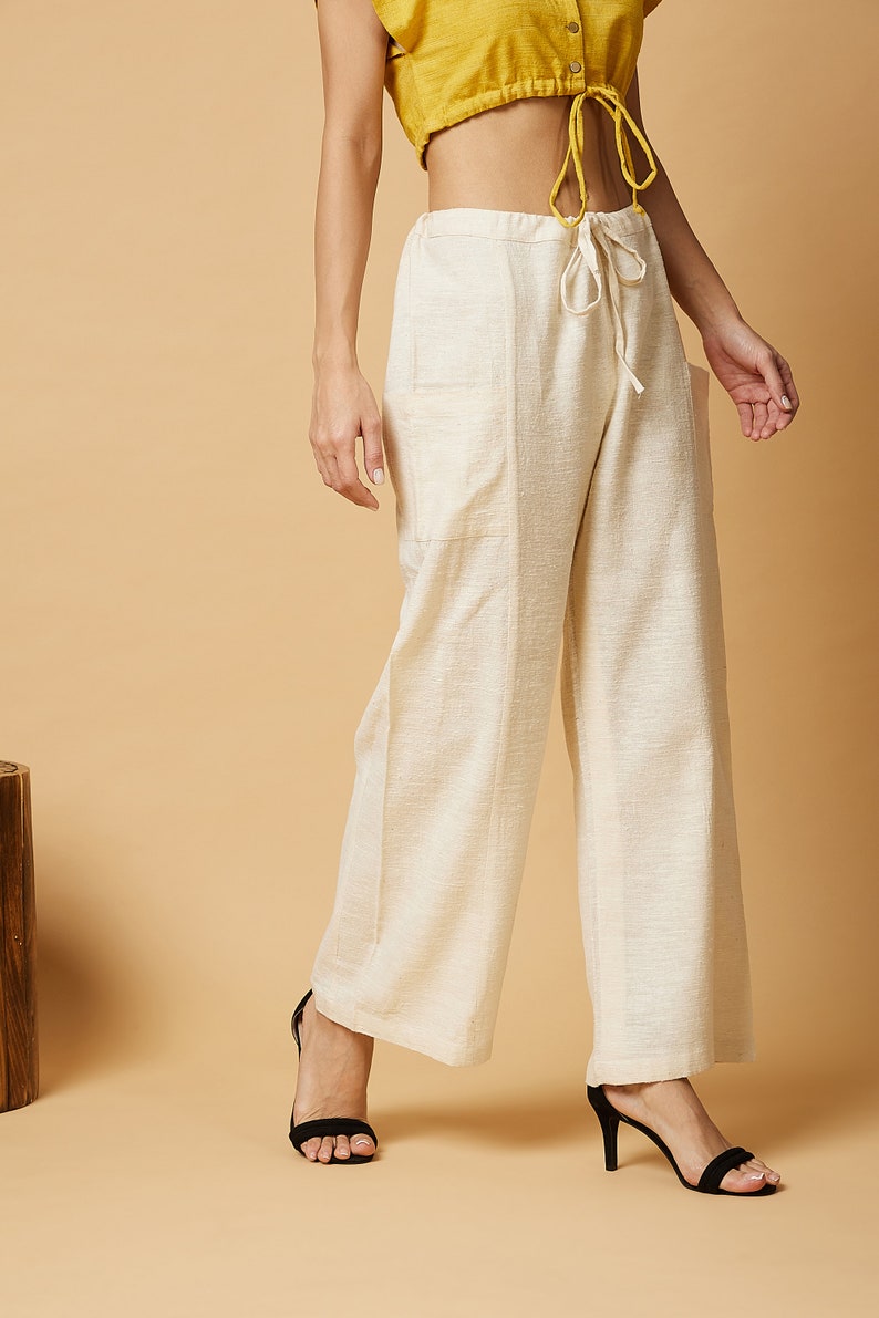 Straight, relaxed fit drawstring pants made with handwoven Peace silk-cotton/ Casual pants/ Yoga pants/ Loungewear/ Meditation pants image 3
