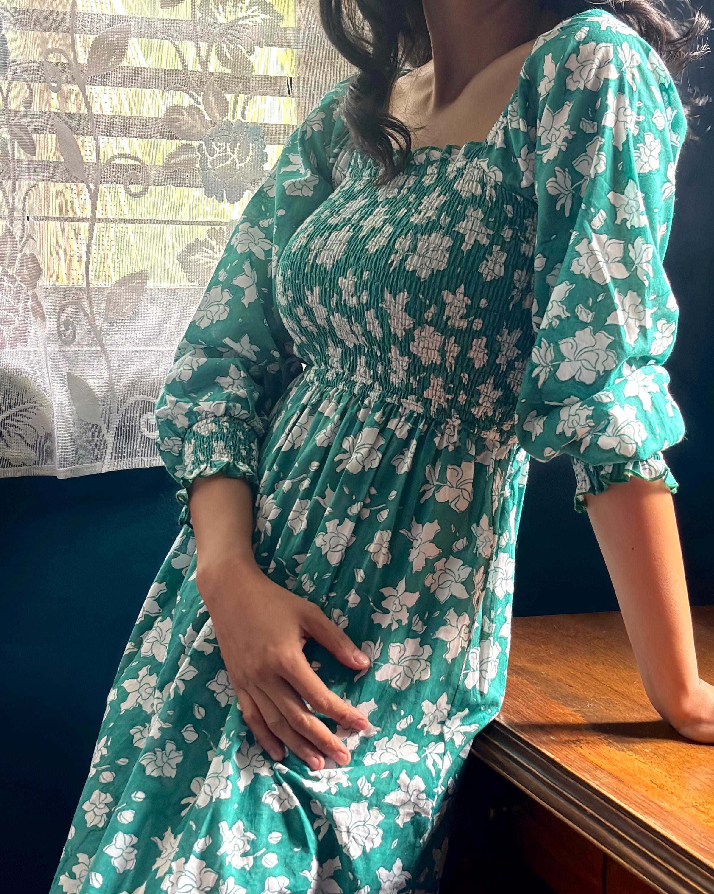 Floral Smocked Cotton Dress / Summer Cotton Midi Dress / Ethically Made Casual wear/ Floral sundress/ Cotton Long Sleeve Dress