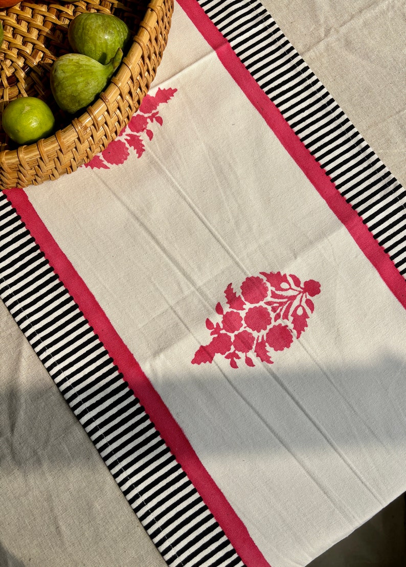 Cotton hand block printed table runner/ Pink & Black/ Table Decor/ Housewarming Gift image 2