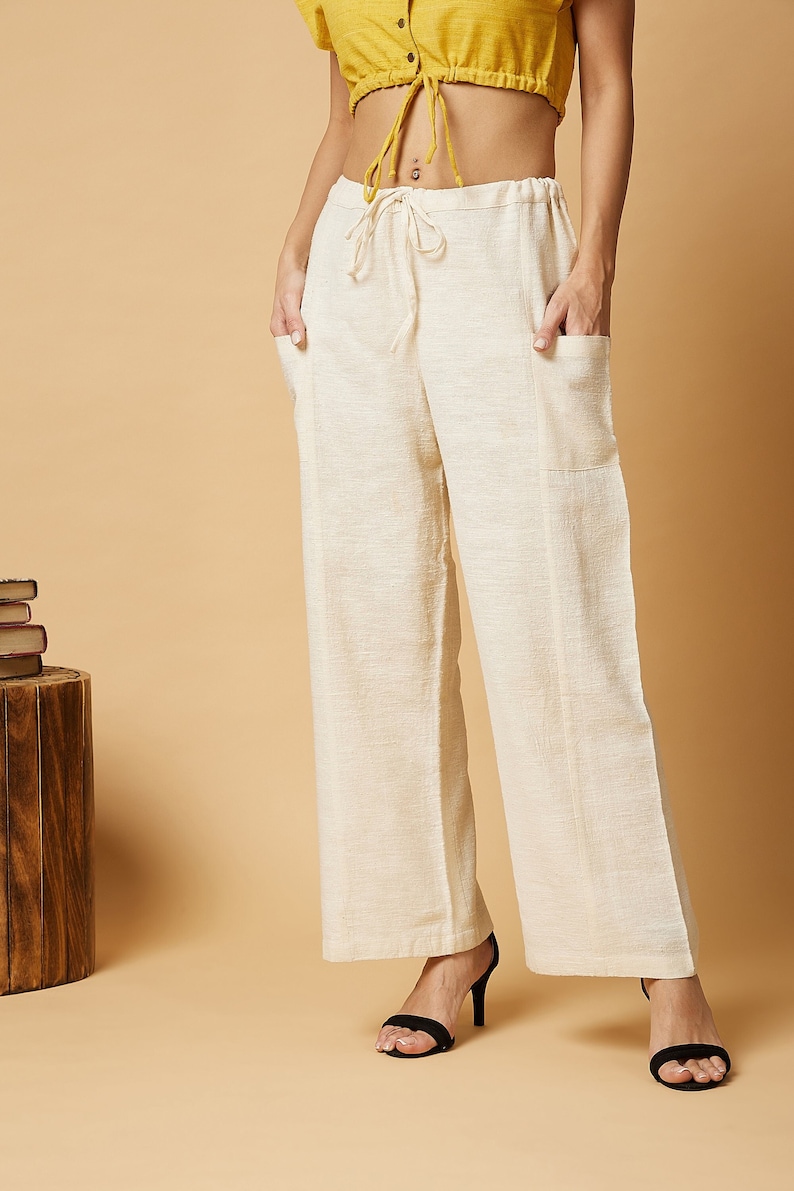 Straight, relaxed fit drawstring pants made with handwoven Peace silk-cotton/ Casual pants/ Yoga pants/ Loungewear/ Meditation pants image 1