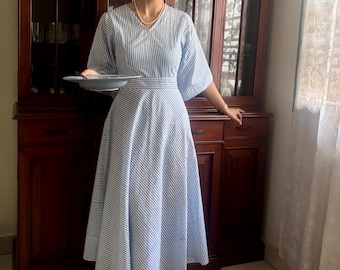 Striped Cotton Midi Dress | Handmade Summer Dress with Flared Skirt | Casual Elegant Fit for Everyday Wear | Artisan Made Clothing