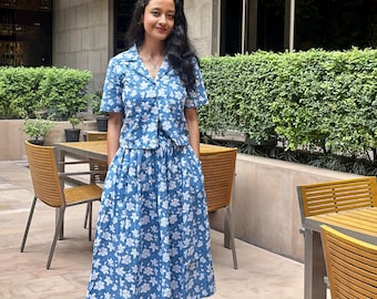 Cotton skirt and top set / Casual wear/ Loungewear/ Summer outfit/ Floral skirt and top set in light blue