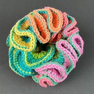 Peut inclure: Un objet crocheté fait à la main aux couleurs vives, avec un motif en spirale. La pièce présente un mélange de couleurs vives, notamment du rose, de l'orange, du jaune, du vert et du turquoise. Les bords sont soulignés d'une couleur contrastante.