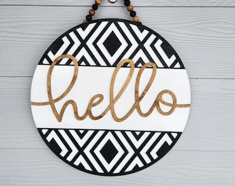 Geometric Boho Hello Door Sign - Year Round - Front Door Decor