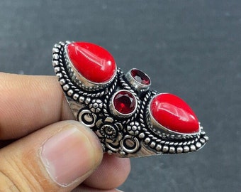 Handmade Jewelry Red Dyed Ruby Sterling Silver Overlay Ring Size 7.5 US Designer Handmade Jewelry Red Dyed Ruby Sterling Silver Overlay Ring Size 7.5 US Designer