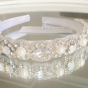 White and silver crystal headband bridal headband bridesmaid headband with pearl beads embellishment bride hair piece wedding hair