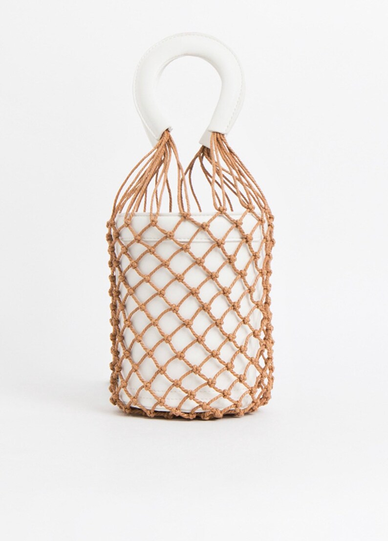 White bucket bag with mesh cover ladies bucket bag fashion bag in white /& brown trendy pia rossini bucket bag boho bag beach bag