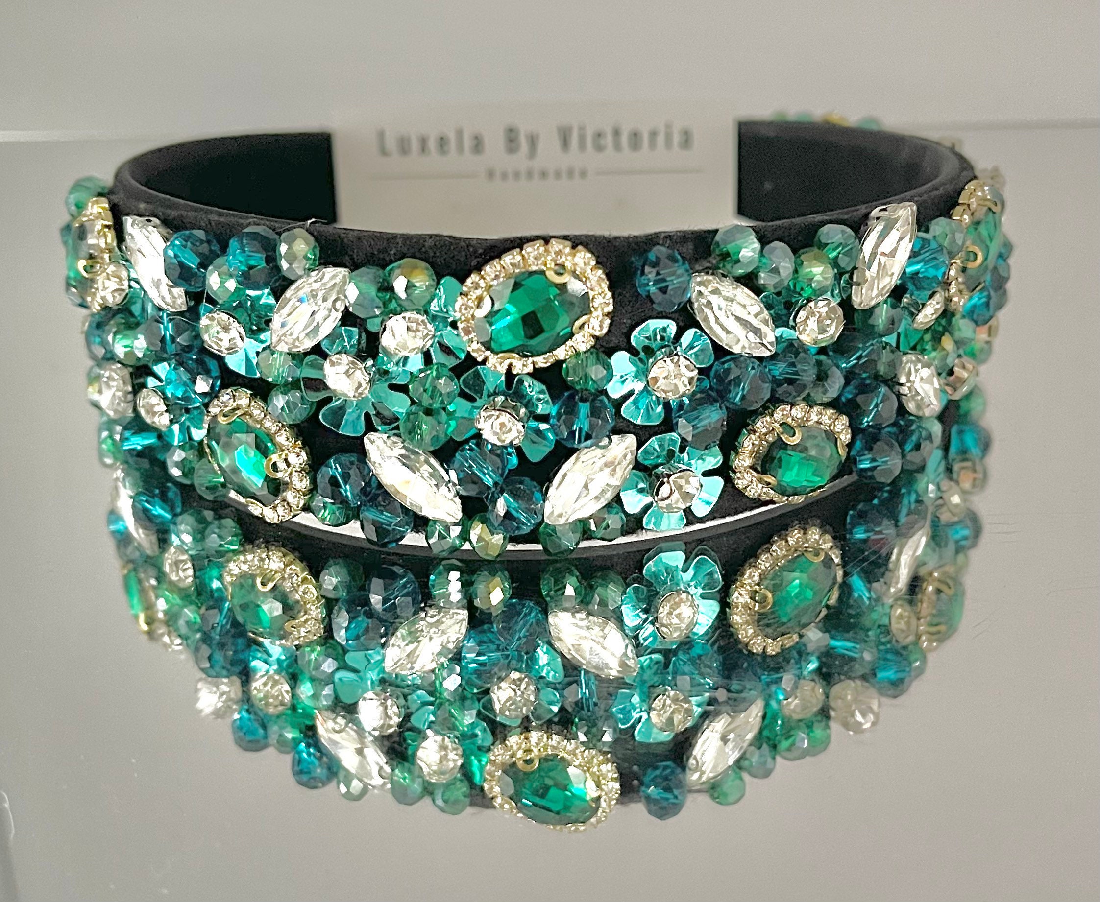 Statement Headband Turquoise Blue and Green Crystal Headband pic pic