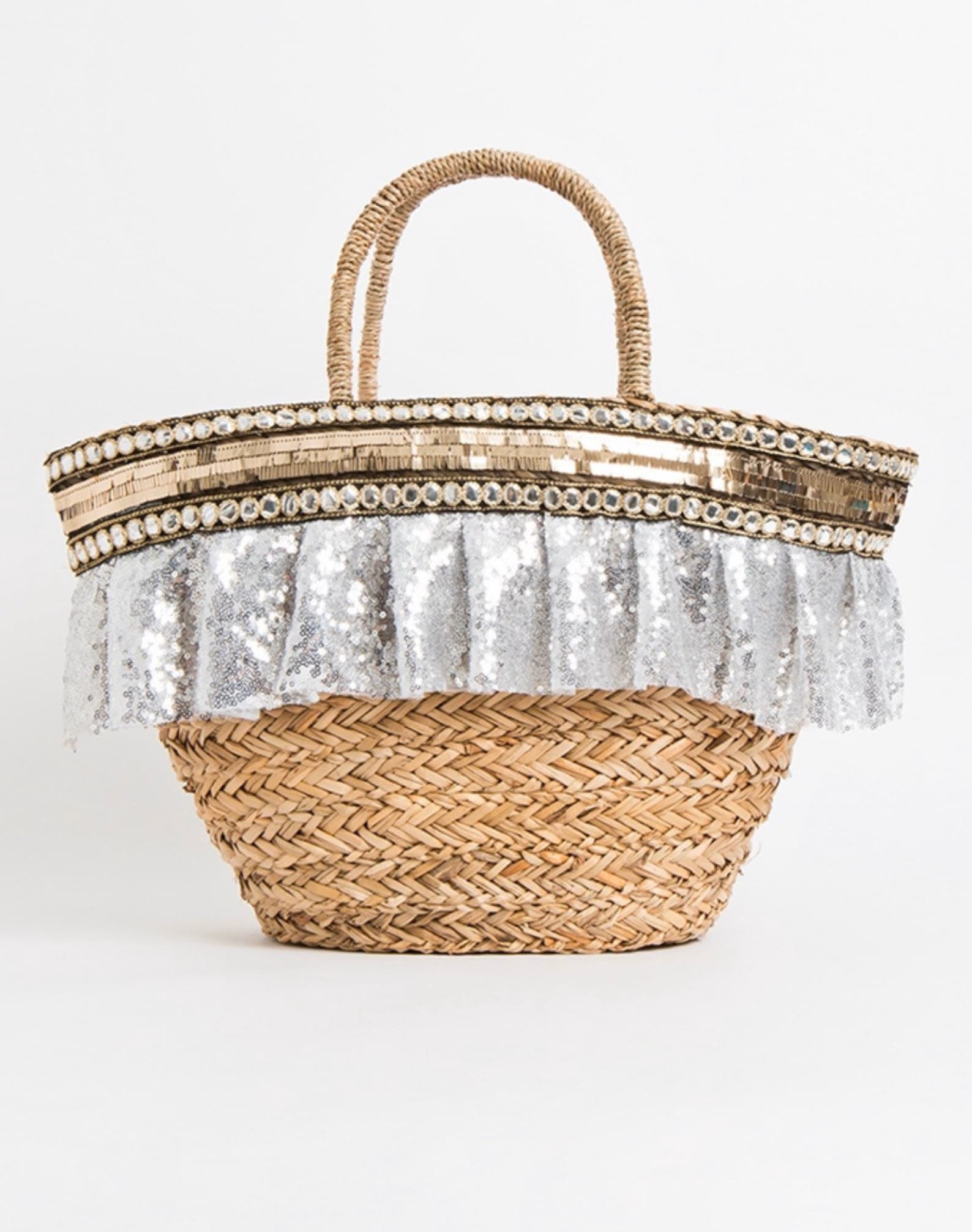 Silver sequin basket bag tote sequin embellished woven basket Etsy