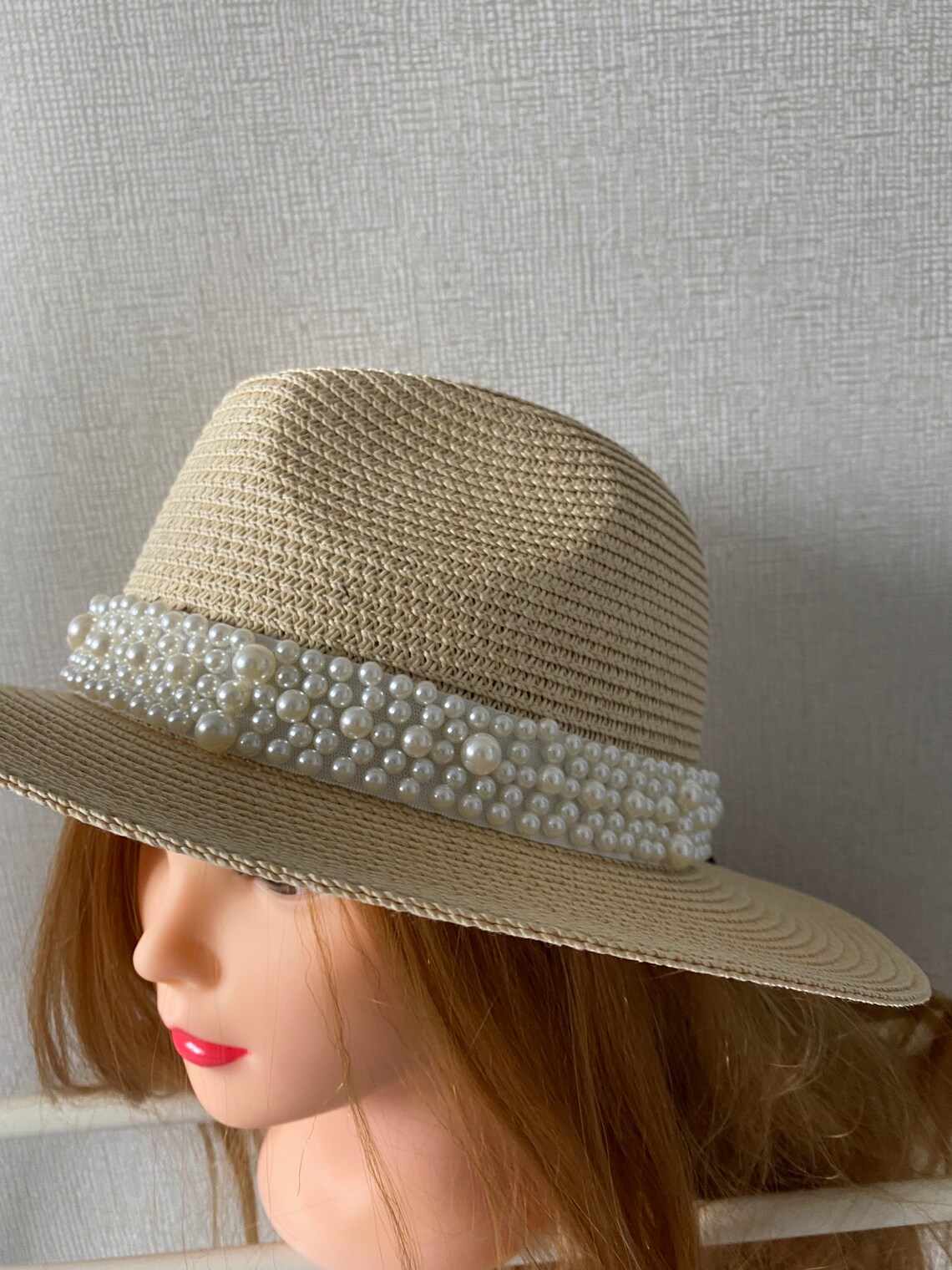 Natural straw pearl fedora hat ladies fedora hat with pearl | Etsy