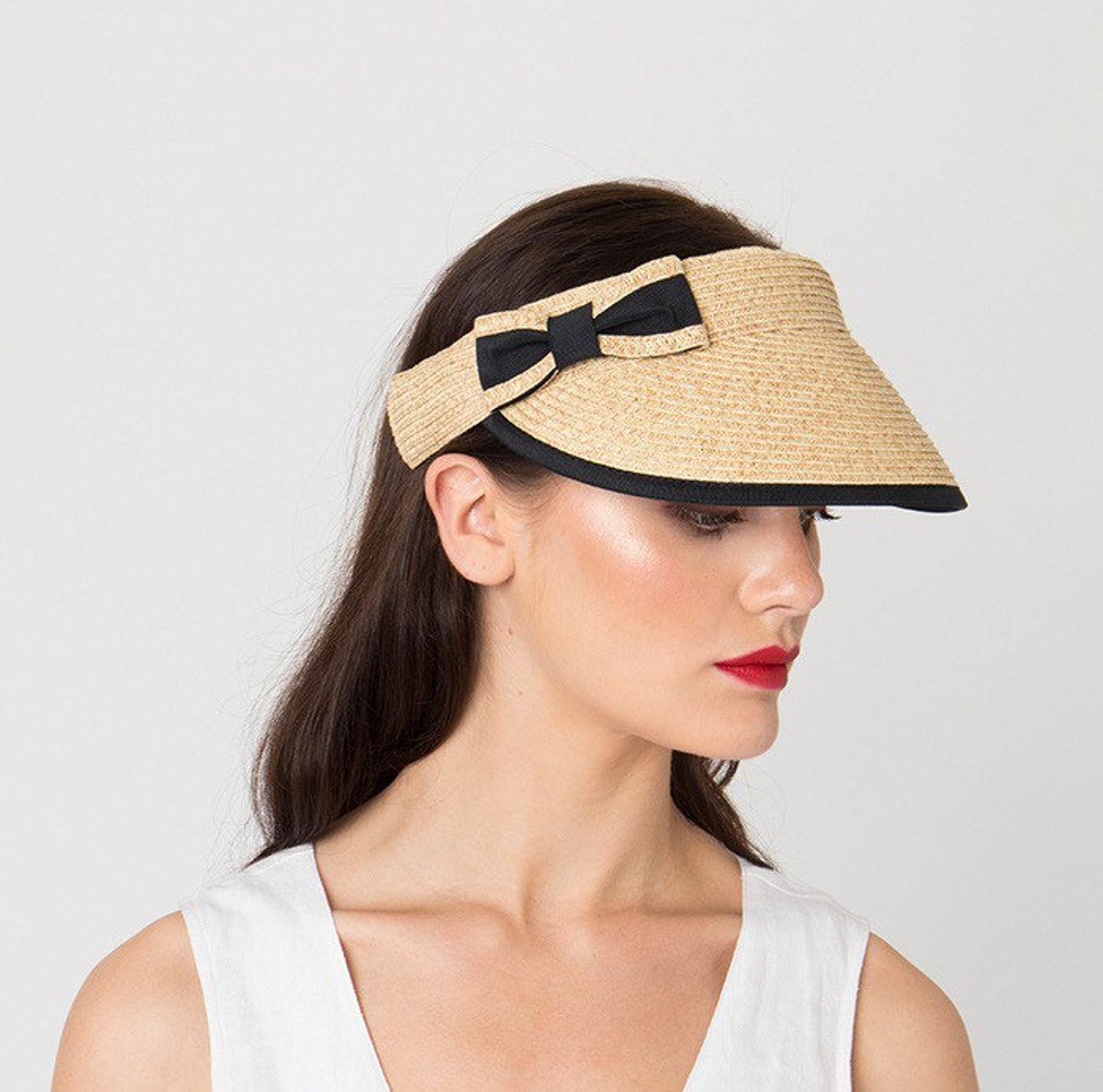 Black straw visor embellished with black bow ladies visor golf Etsy