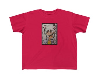 May include: A pink youth t-shirt with a white framed illustration of a cartoon character with white hair, wearing a yellow shirt and a blue jacket. The character has cat ears and is holding a microphone.